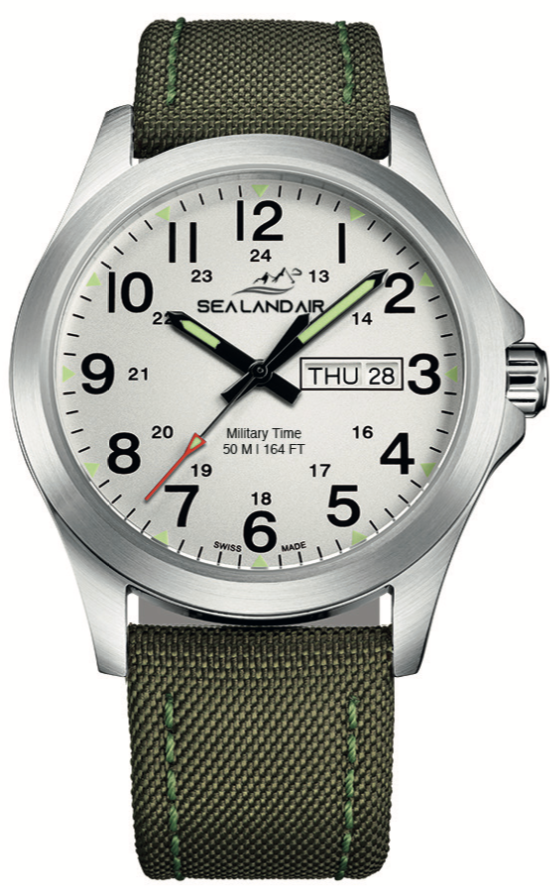 SEALANDAIR | Quartz | Outdoor Adventure | 42mm Stainless Steel Case | Olive Nylon & Leather Strap | Swiss Made