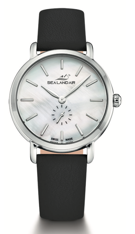 SEALANDAIR | Quartz | Women | Adventure |  White Dial | 34mm Stainless Steel Case | Black Genuine Leather Strap | Swiss Made